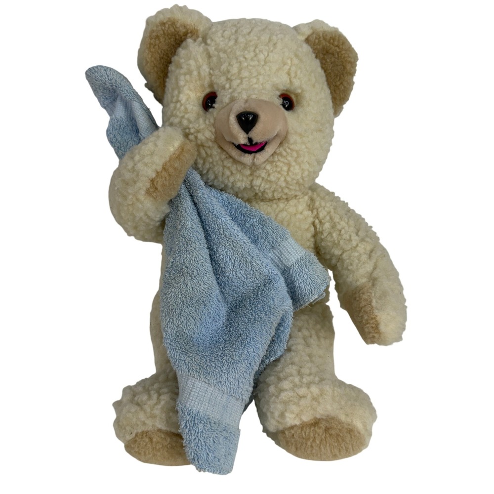 Vintage 1986 Snuggle 16" Plush Bear Mascot with Blue Towel Cream Off-White RARE